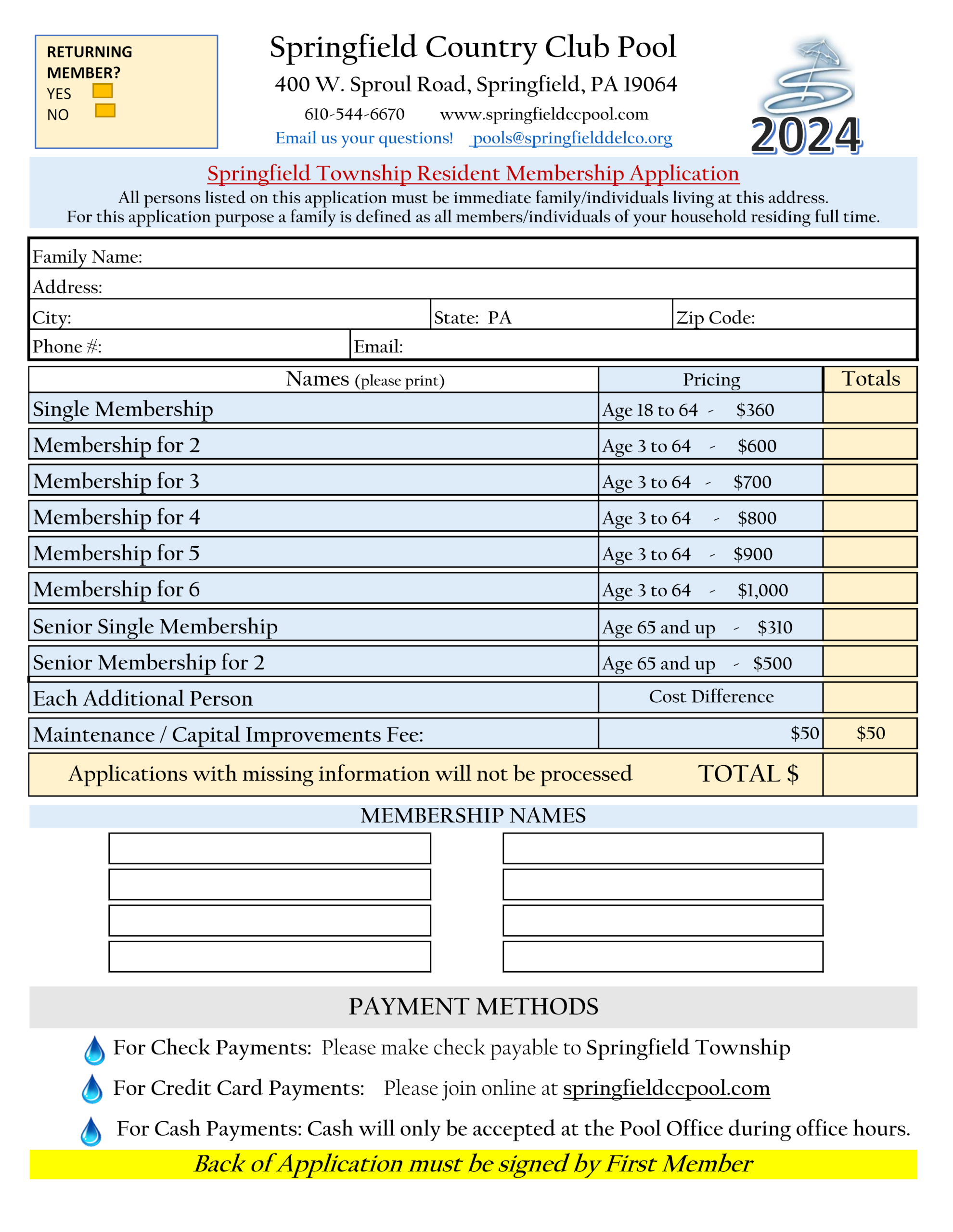 Springfield Country Club Pool | Membership Information - (March 2024) Springfield Country Club Pool Membership Information – (March 2024) SCCP (2024) Pool Membership Application (Page #1)